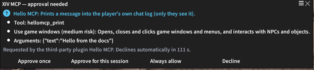The approval window, asking whether to allow a tool call, with approve and decline buttons