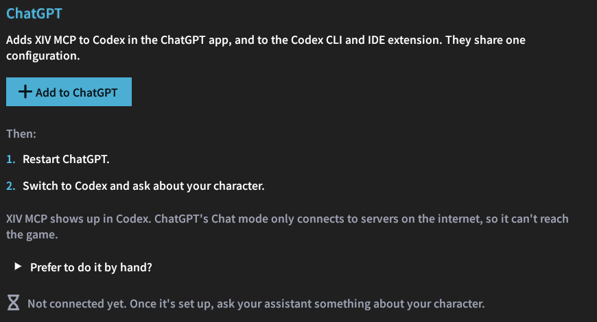 The ChatGPT panel of the Connect tab with the Add to ChatGPT button and the next steps