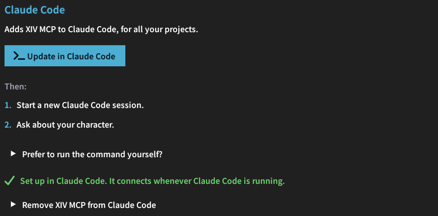 The Claude Code panel with the update button, the next steps and the connected status