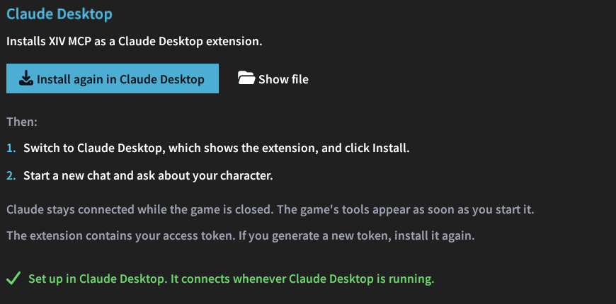 The Claude Desktop panel with the install button, Show file, the next steps and the connected status