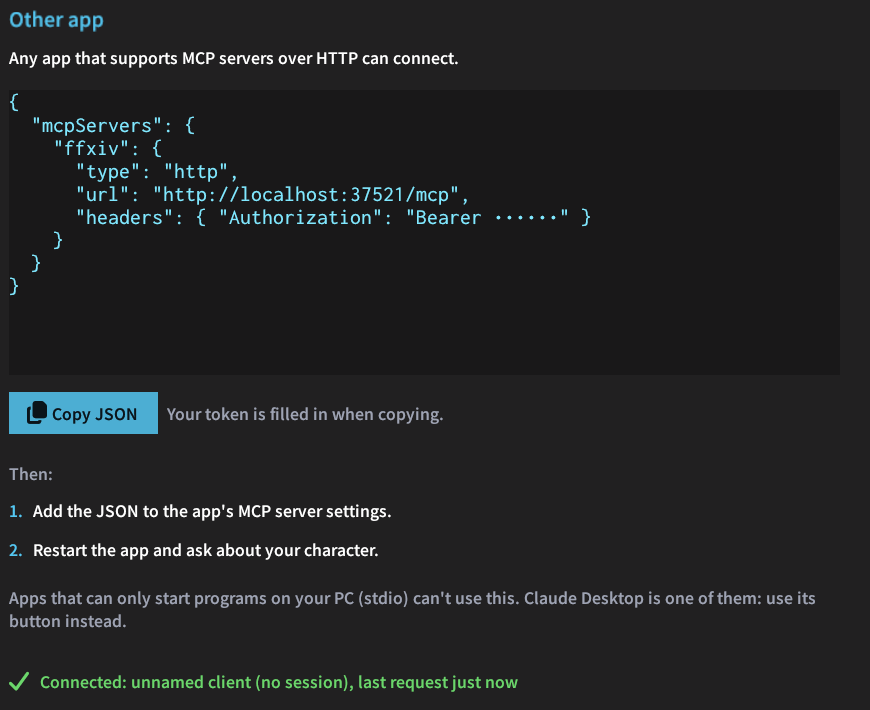 The Other app panel showing the JSON entry with the token hidden, and a Copy JSON button