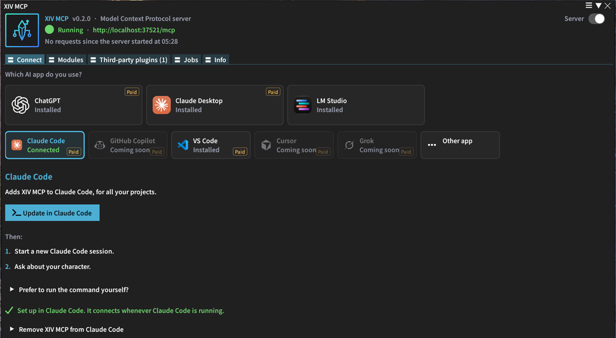 The Connect tab of XIV MCP, with large tiles for ChatGPT, Claude Desktop and LM Studio and smaller tiles for other apps