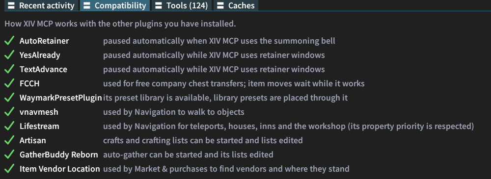 The Compatibility page of the Info tab, listing each installed plugin and how XIV MCP works with it