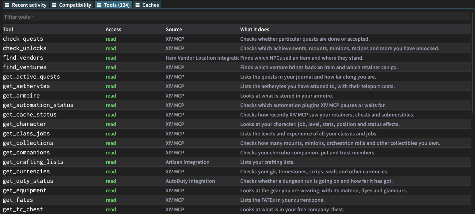 The Tools page of the Info tab: a filter field and a table of tools with access, source and what each does