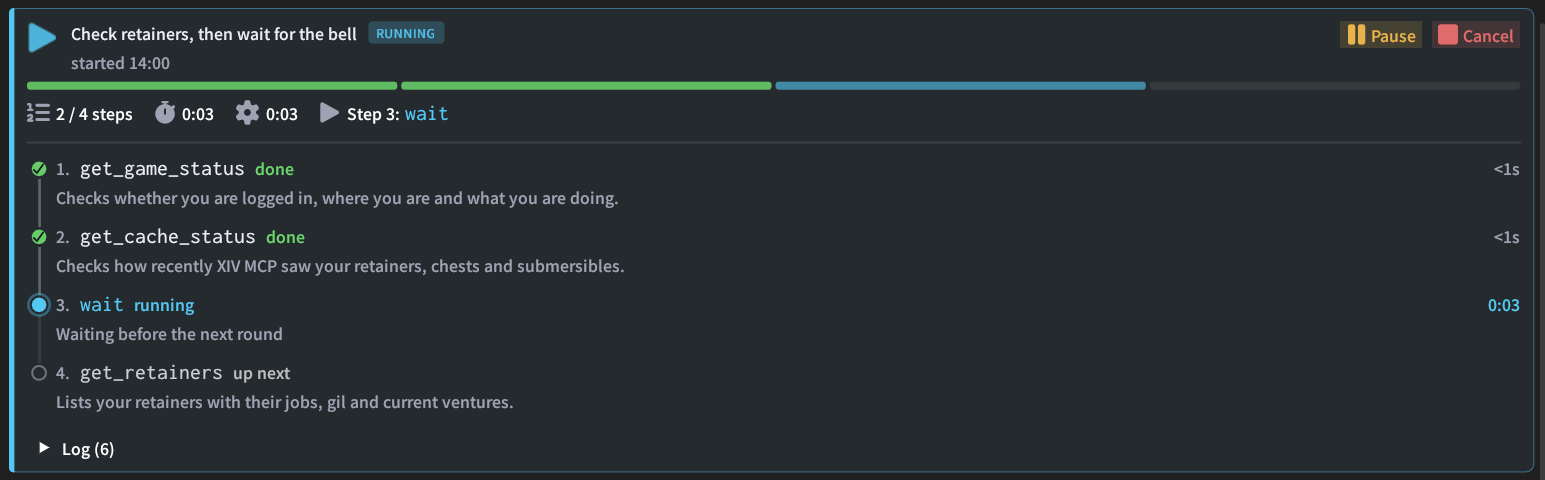 The Jobs tab with a running job, its steps and progress, and pause and cancel buttons