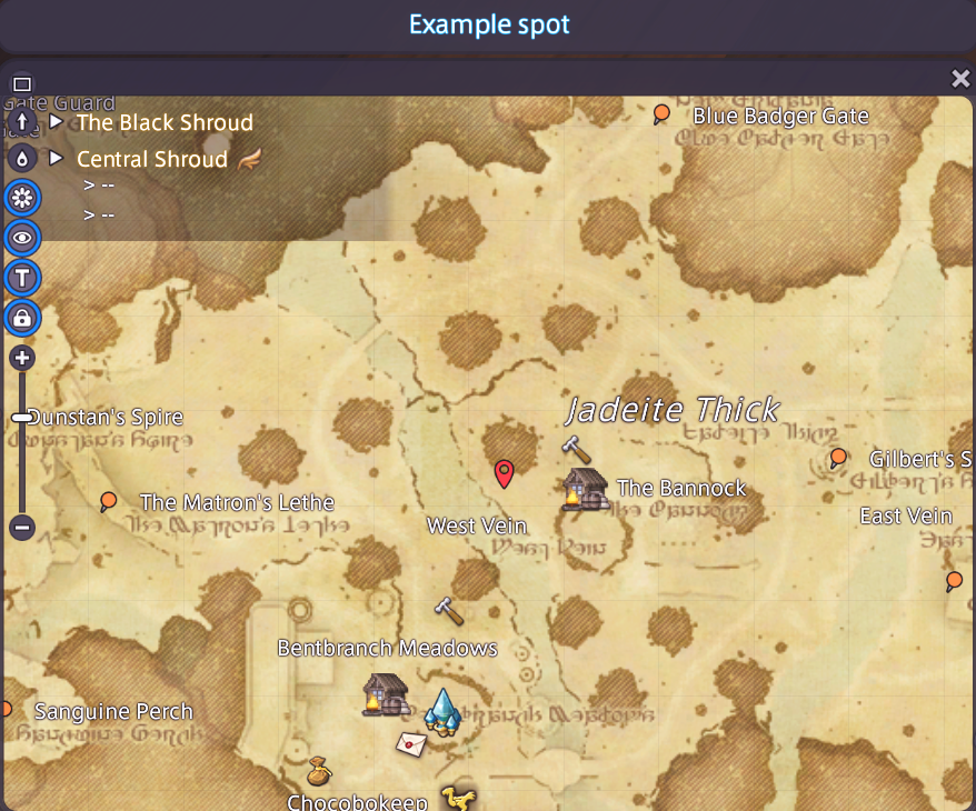 The in-game map of Central Shroud with the flag placed by set_map_flag and the window titled Example spot