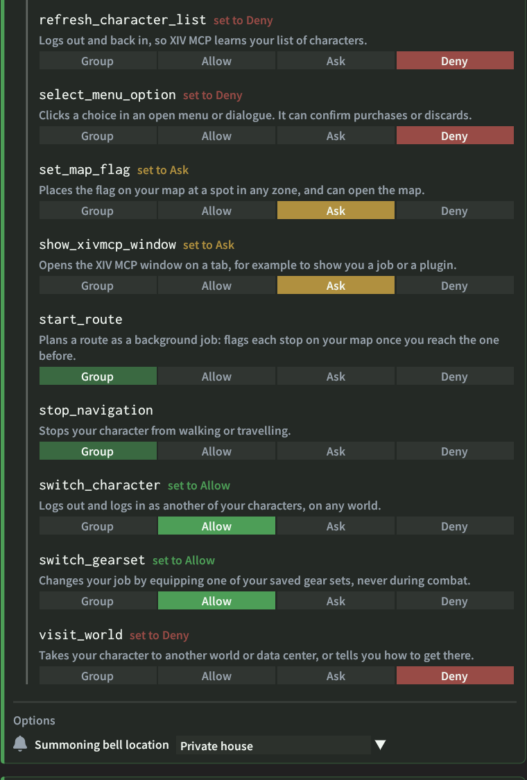The Changes tools of Game and navigation expanded, each with a short description and Group, Allow, Ask and Deny