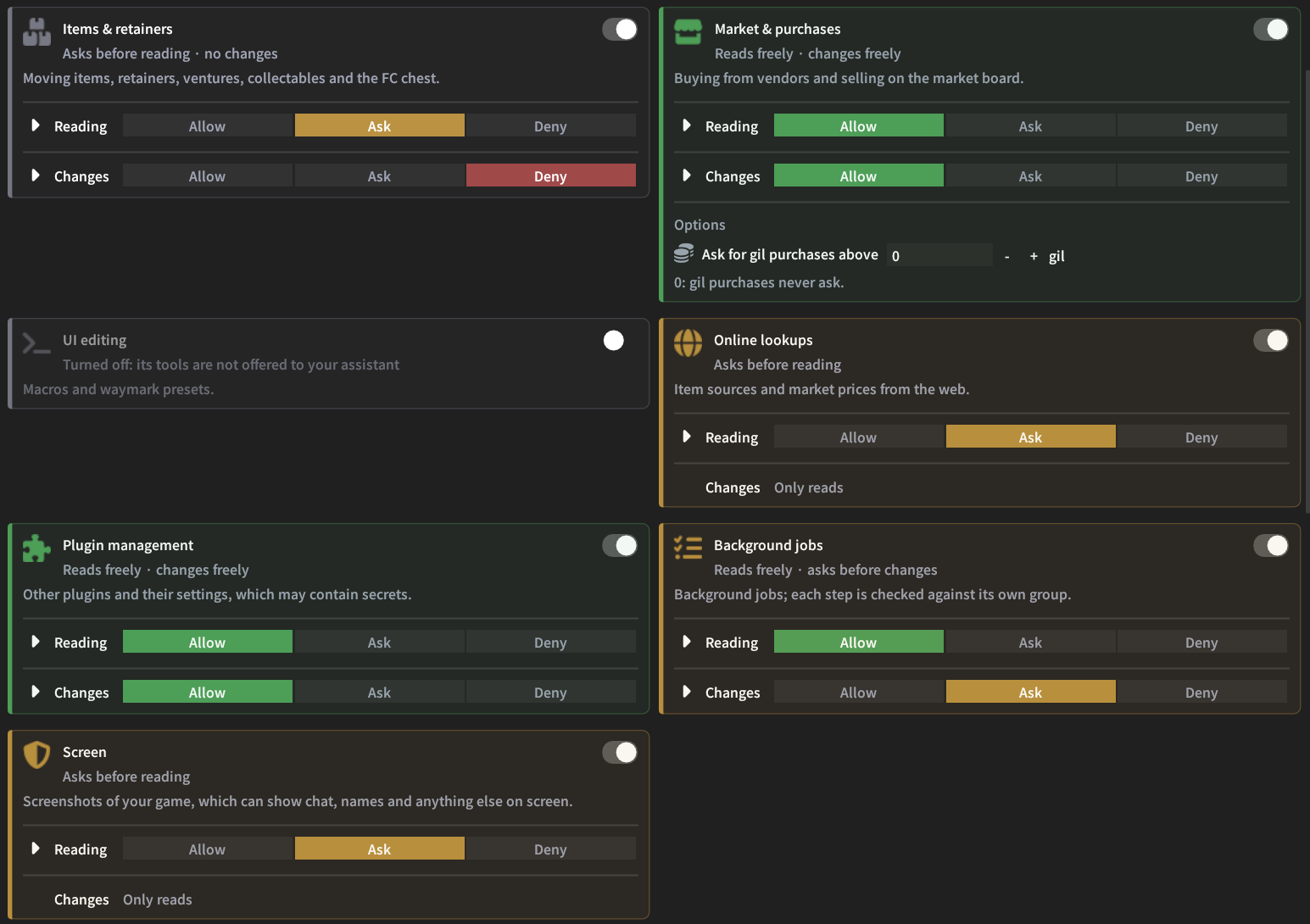 The Modules tab, with a card per module and Allow, Ask and Deny settings for reading and changes