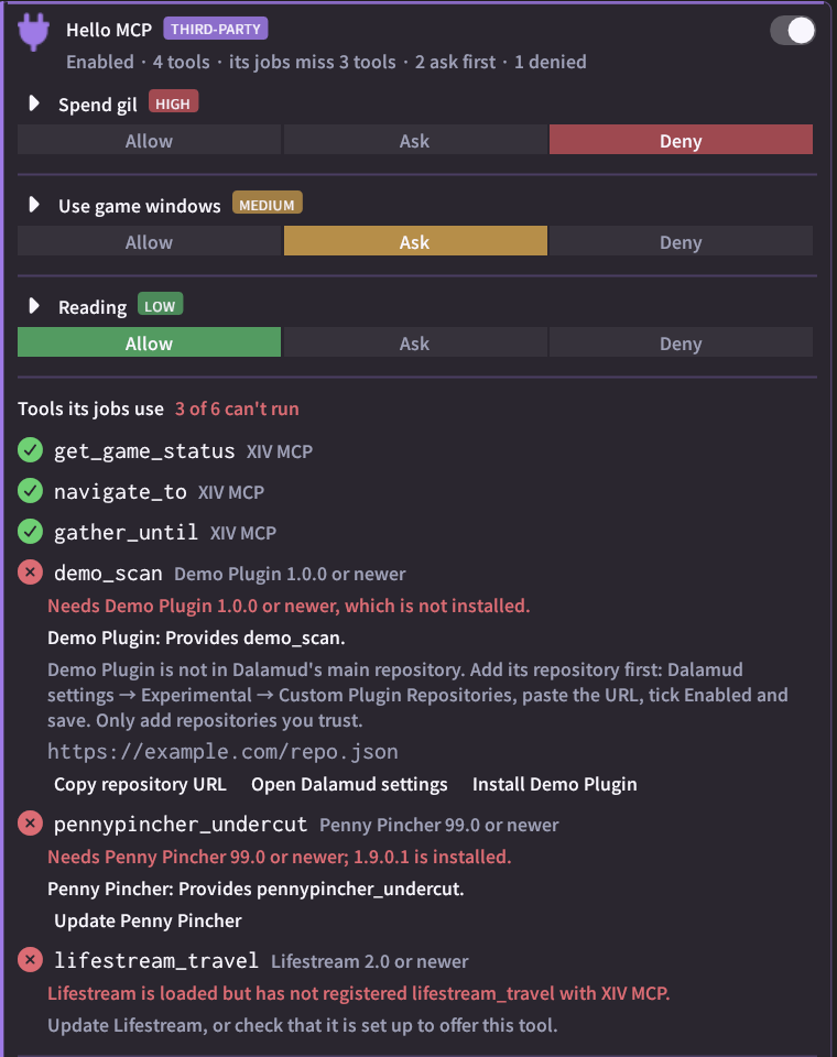 A plugin card with its tools: three ready, and three with red errors and buttons to copy a repository URL, open Dalamud settings, install or update a plugin