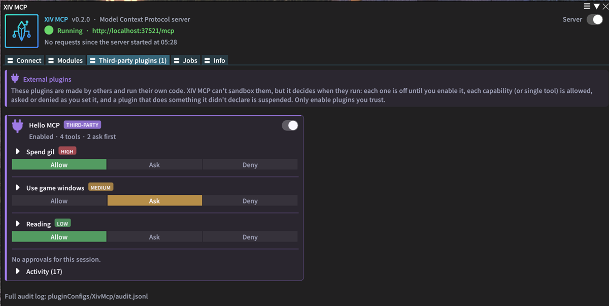 The Third-party plugins tab with a violet plugin card marked THIRD-PARTY, its capabilities and their Allow, Ask and Deny settings